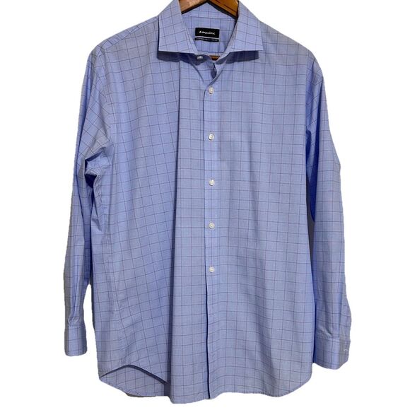 Esquire Shirt Mens 17 Sz Lg Blue Slim Fit Non-Iron Long Sleeve Plaid Dress Shirt - Picture 1 of 6